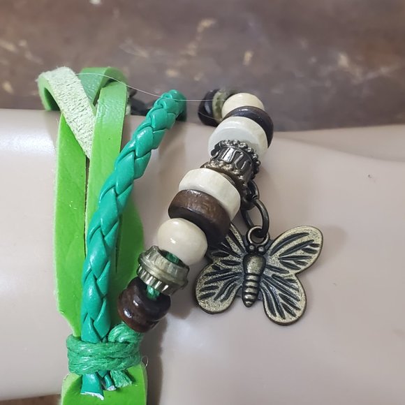 Beaded Bracelet Boho Watch - Butterfly Charm - Green - Picture 4 of 9